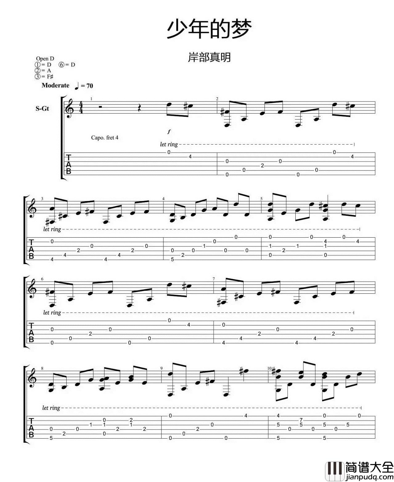 少年の梦_岸部真明_指弹六线谱完整版_吉他谱_岸部眞明_吉他图片谱_高清