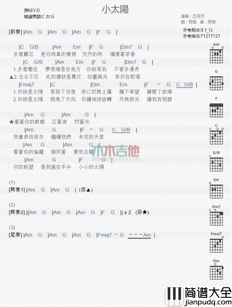五月天_小太阳_吉他谱_Guitar_Music_Score