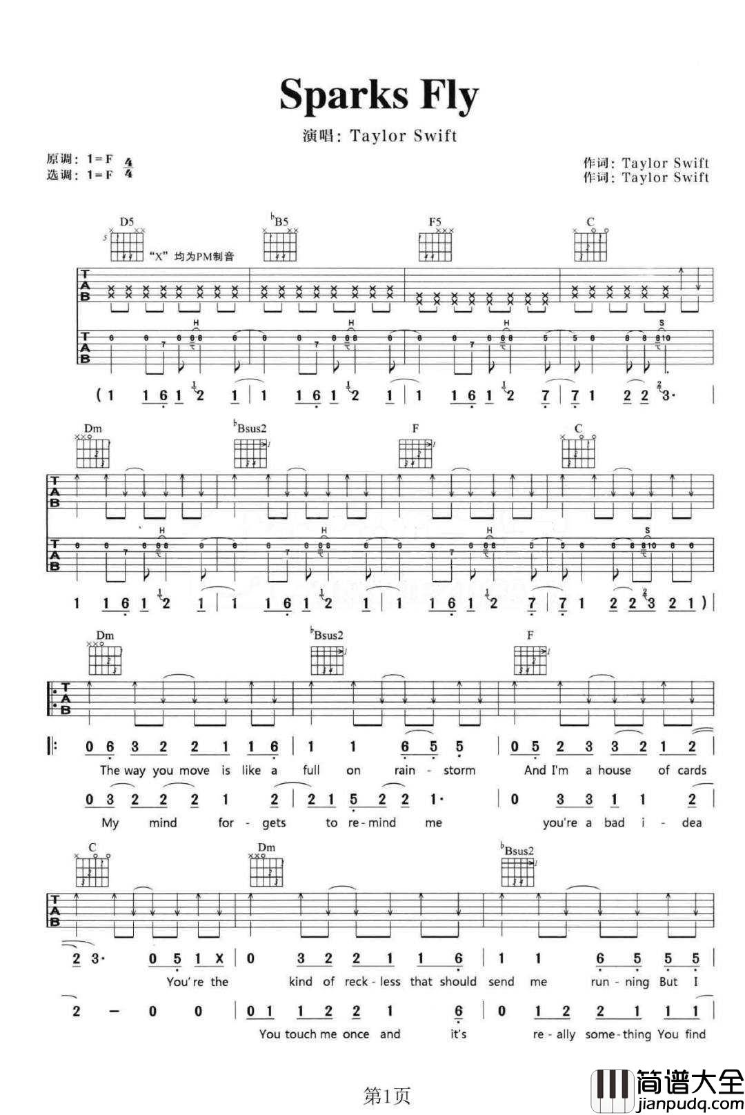 Sparks_Fly吉他谱_Taylor_Swift_F调指法