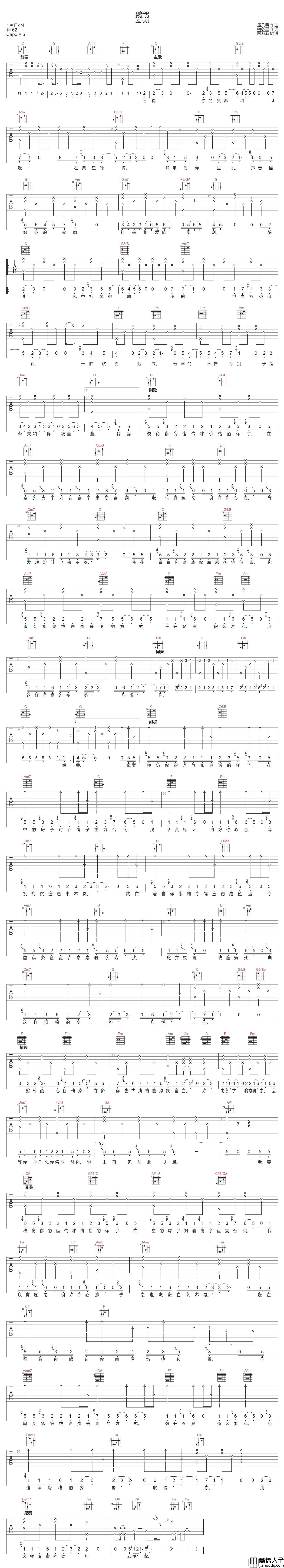 鹦鹉吉他谱_孟凡明_C调指法原版编配