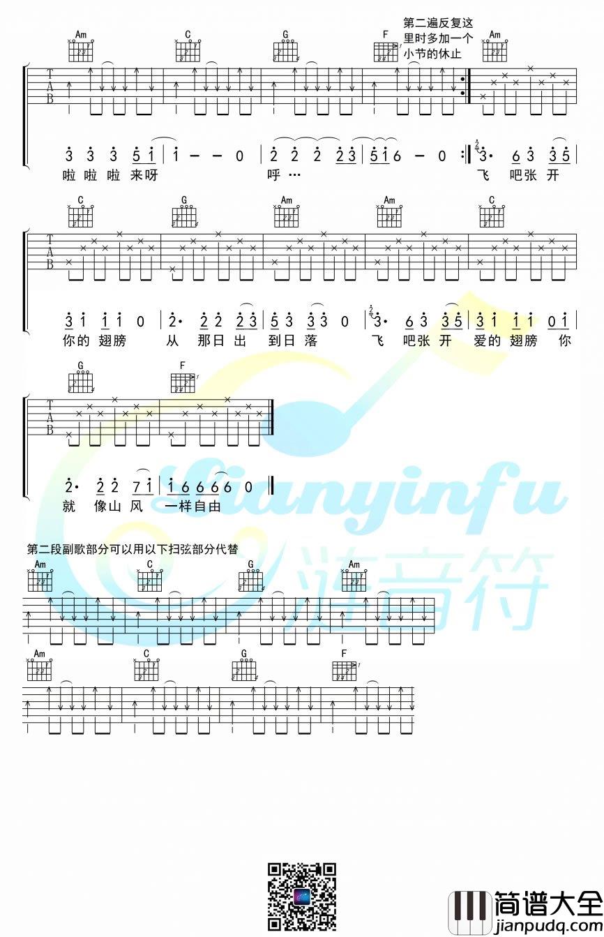山风一样自由吉他谱_C调男生版_阿鲁阿卓_吉他弹唱谱