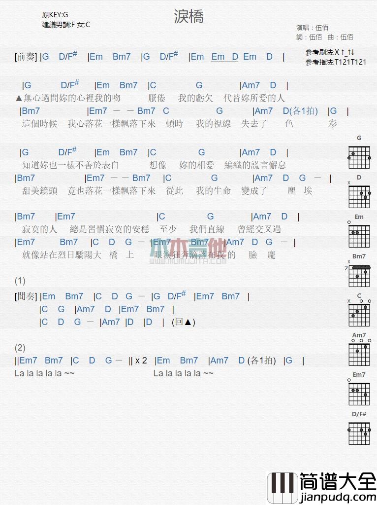 伍佰_泪桥_吉他谱_Guitar_Music_Score