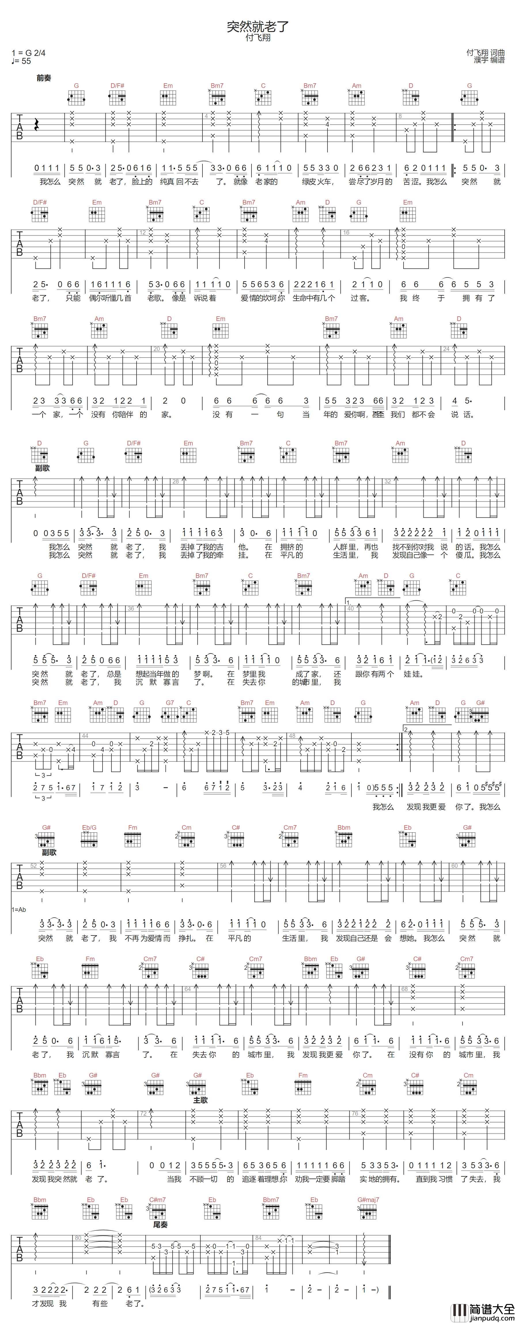 突然就老了吉他谱_付飞翔_G调原版编配