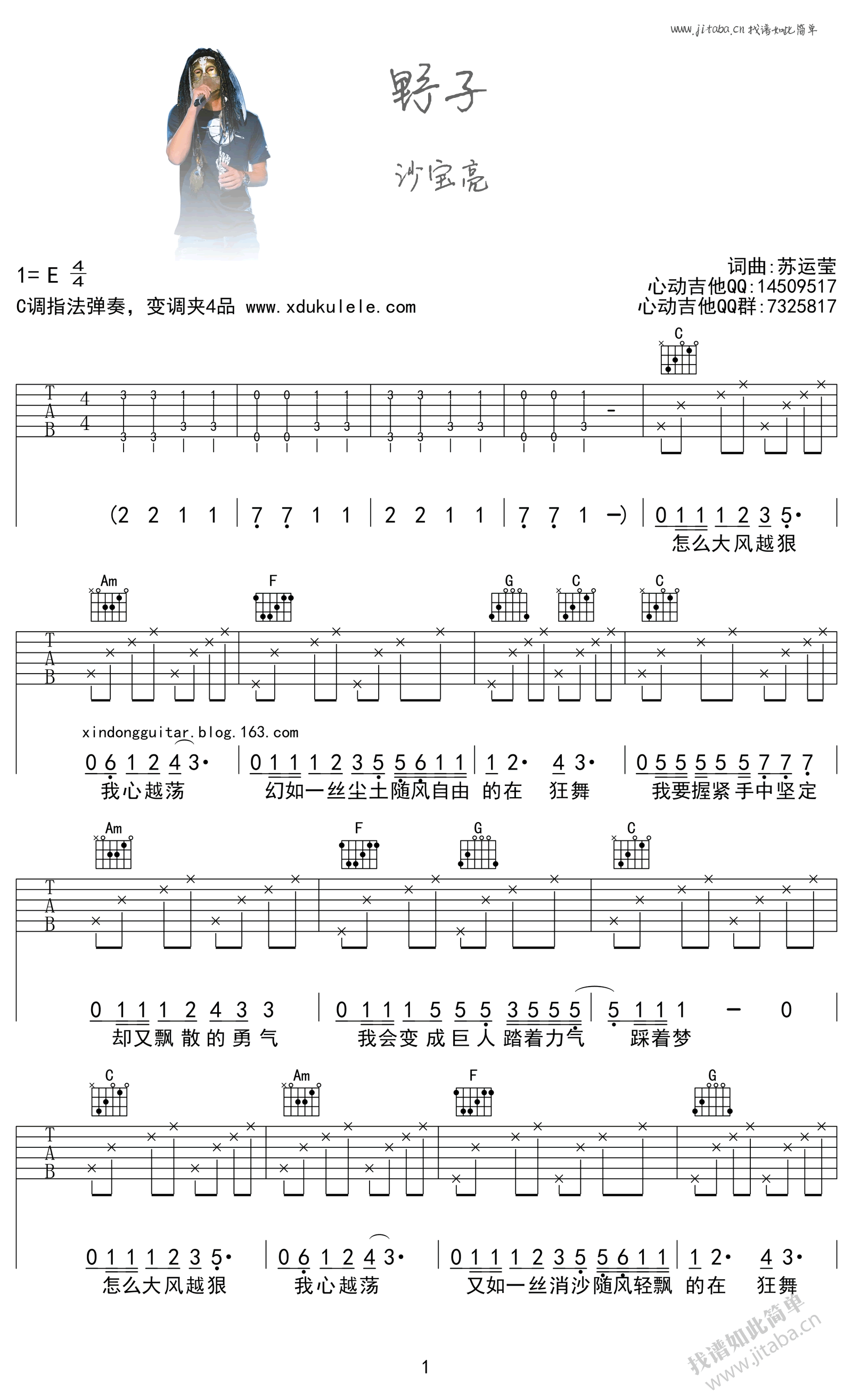 野子吉他谱_沙宝亮_野子_吉他谱男生版
