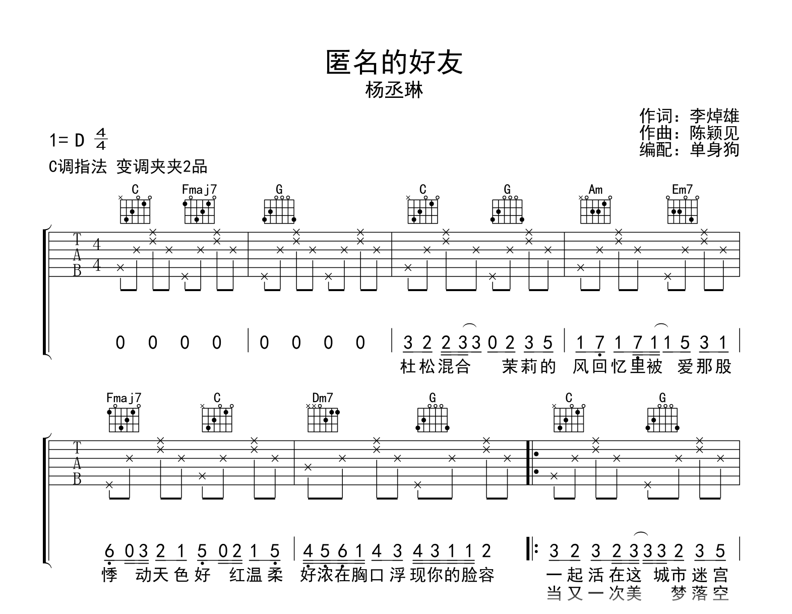 匿名的好友吉他谱_杨丞琳_C调弹唱六线谱