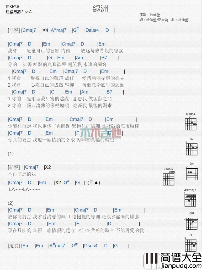 徐佳莹_绿洲_吉他谱_Guitar_Music_Score
