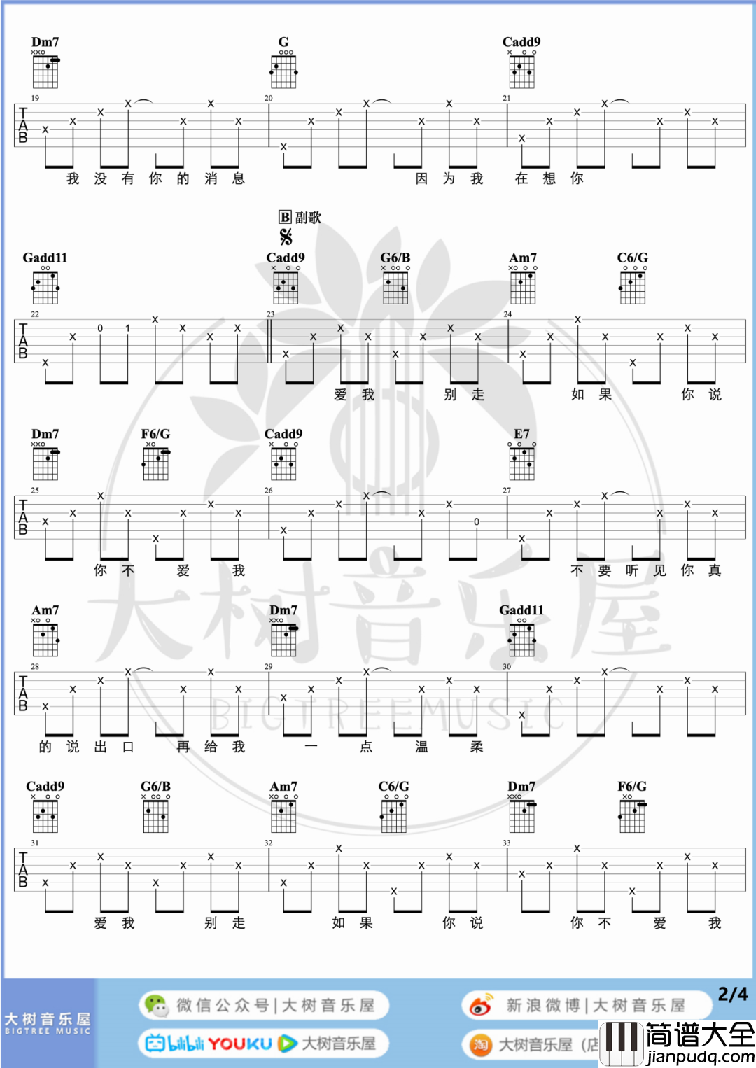 爱我别走吉他谱_张震岳/周杰伦_C调六线谱/和弦谱_吉他弹唱教学