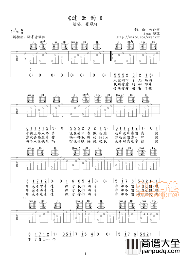 _过云雨_简单动听！！！|吉他谱|图片谱|高清|张敬轩