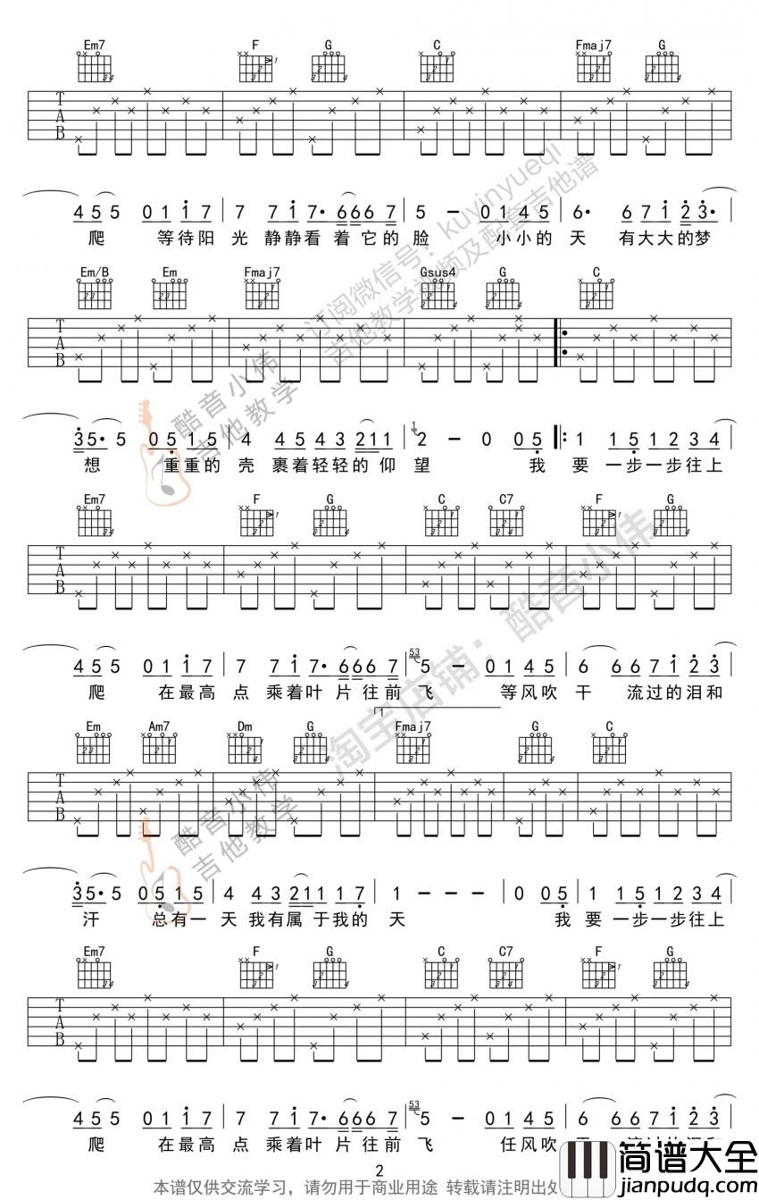 蜗牛吉他谱_C调和G调简单版_周杰伦_弹唱教学视频