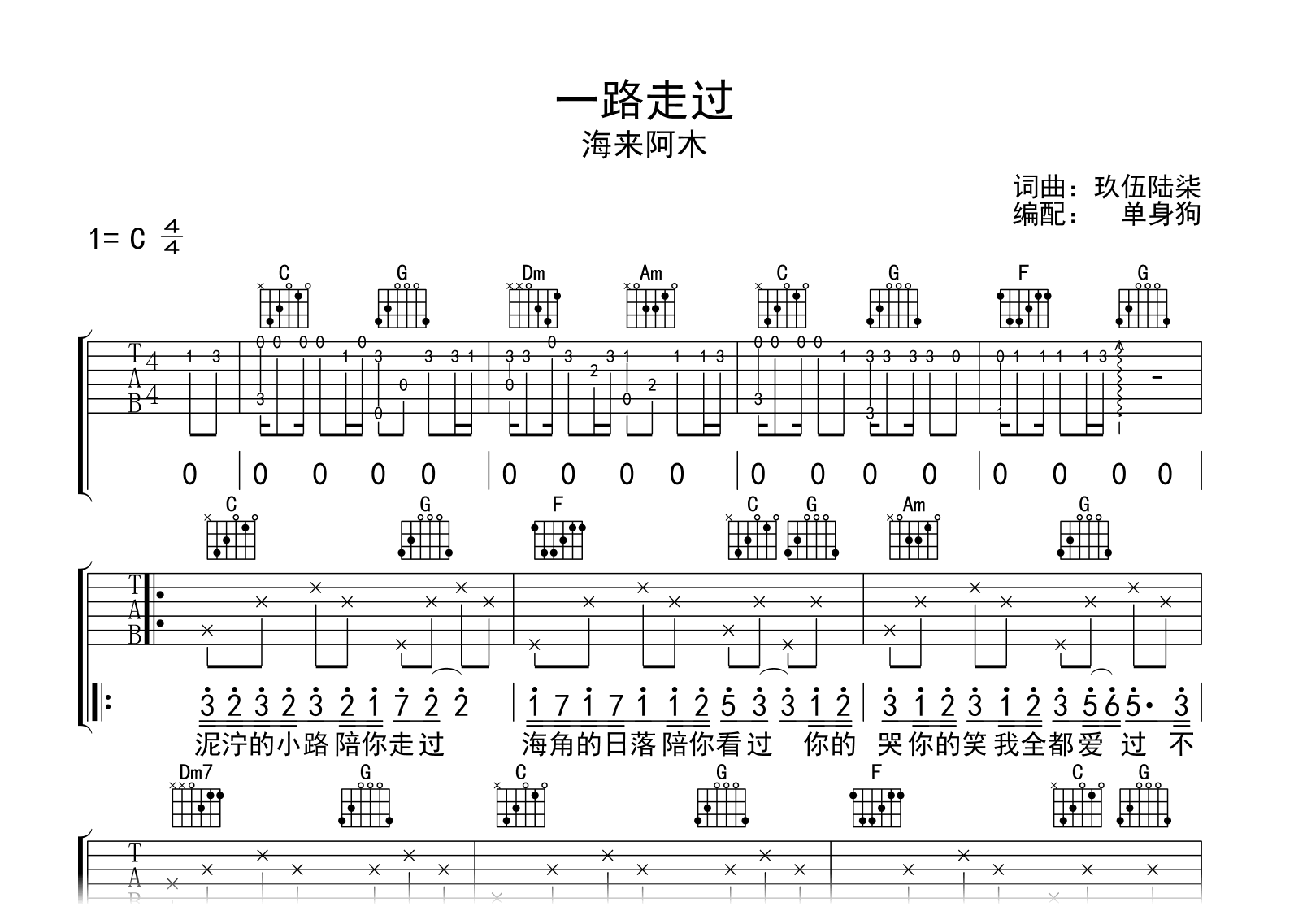 一路走过吉他谱_海来阿木_C调弹唱六线谱