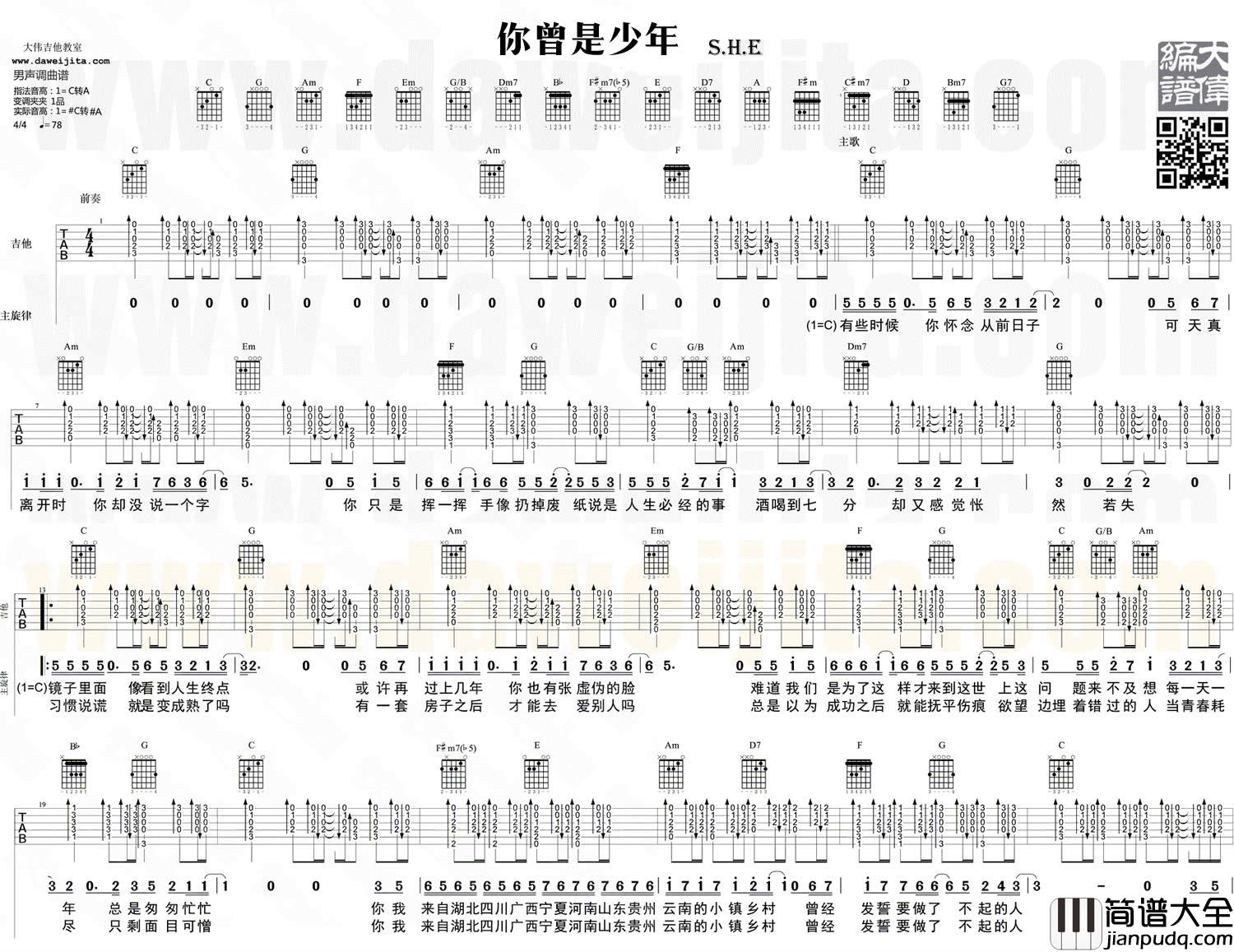 你曾是少年吉他谱_SHE_男声版六线谱