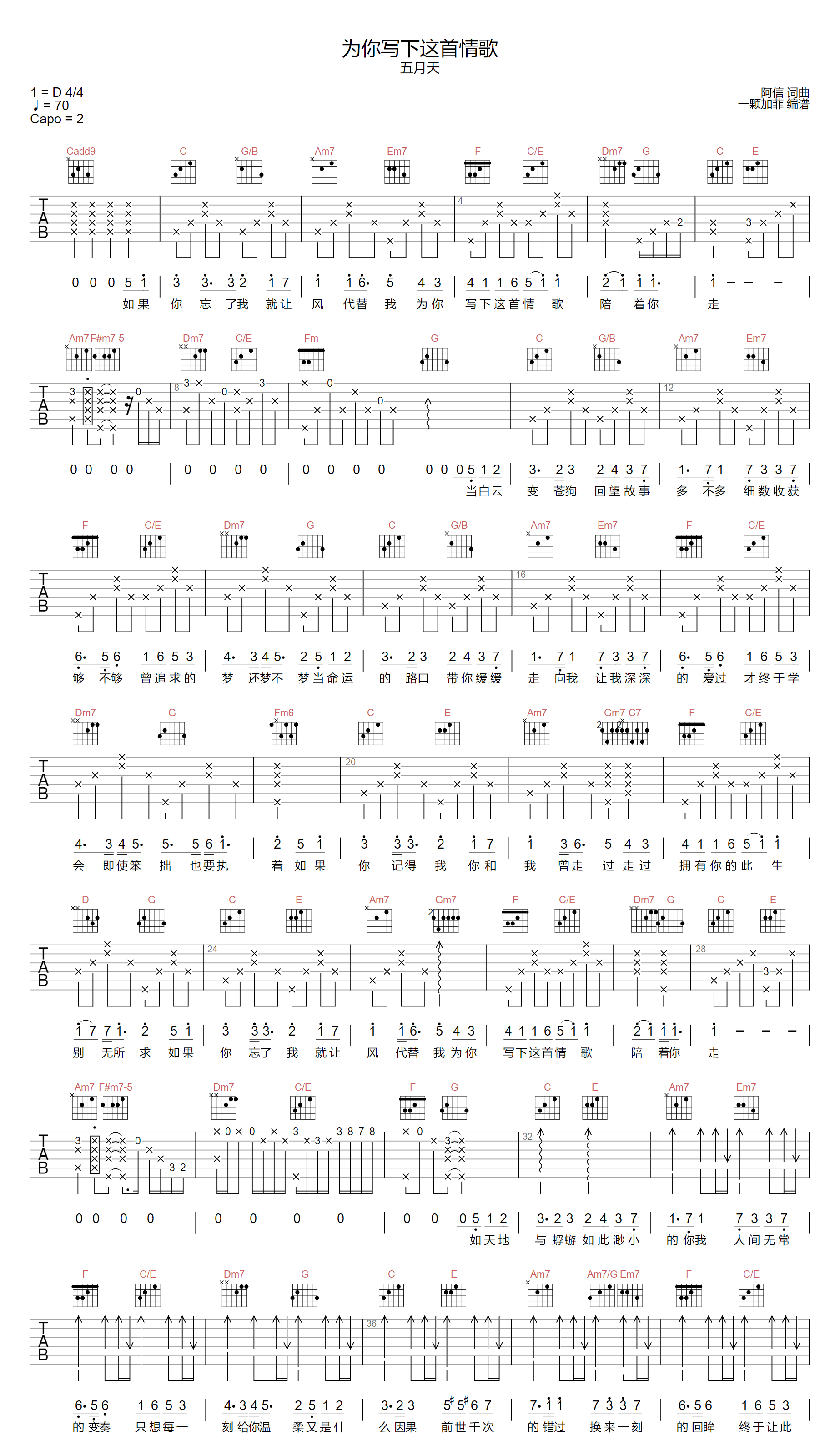 为你写下这首情歌吉他谱_五月天_C调指法