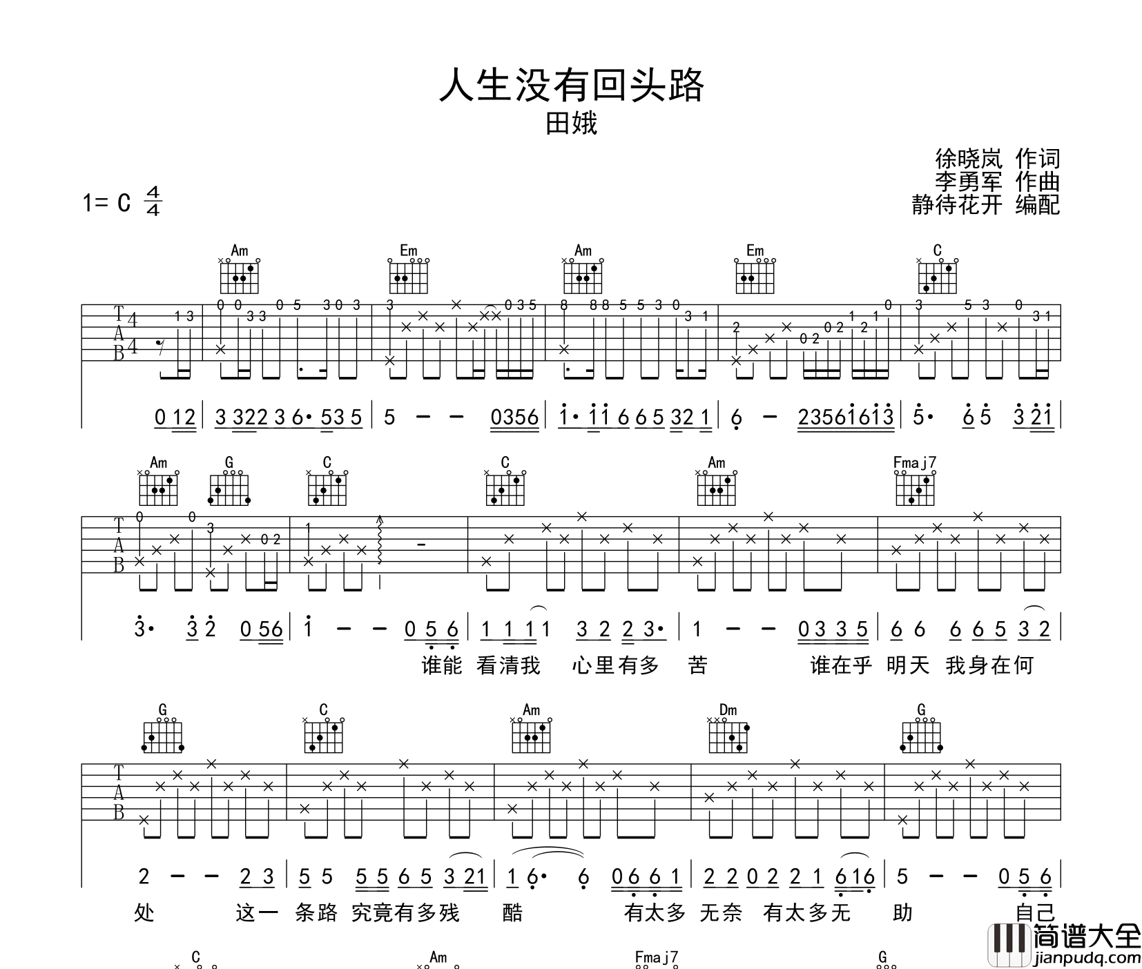 人生没有回头路吉他弹唱谱_田娥_C调指法吉他六线谱