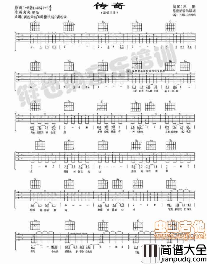 传奇_王菲演唱（鹏哥最新吉他弹唱谱）|吉他谱|图片谱|高清|王菲