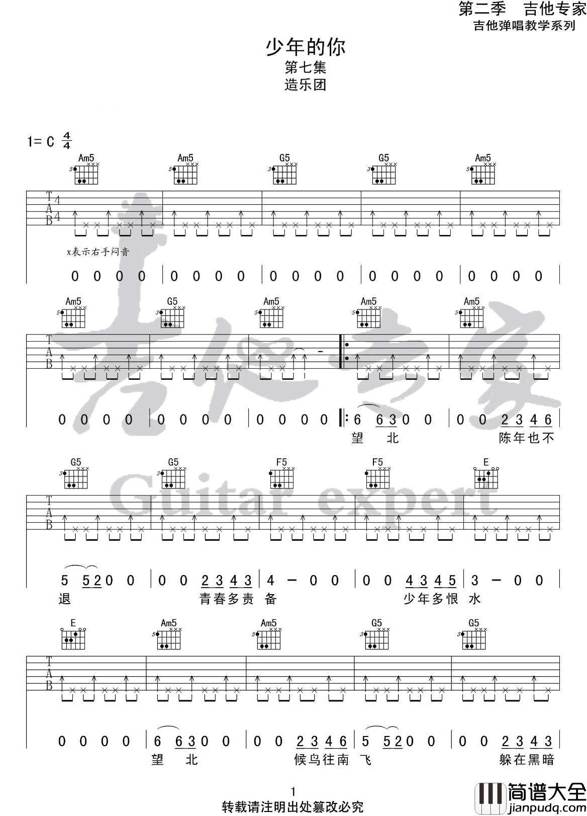 少年的你吉他谱_造乐团_C调指法编配