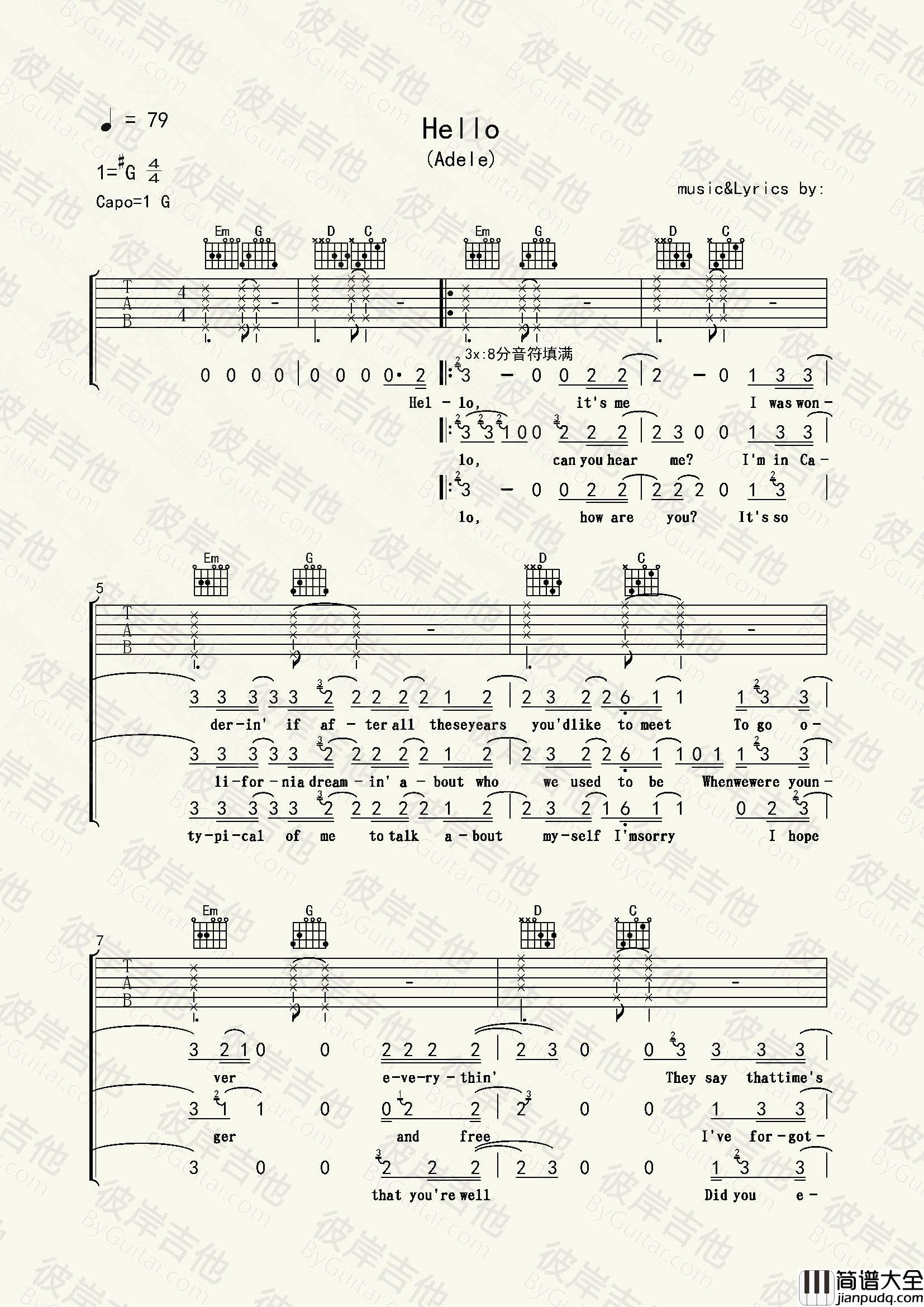 Adele_Hello_吉他谱_Guitar_Music_Score