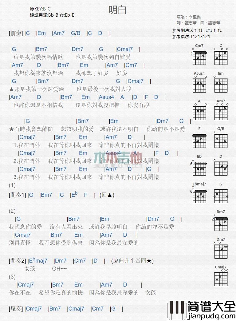 李圣杰_明白_吉他谱_Guitar_Music_Score
