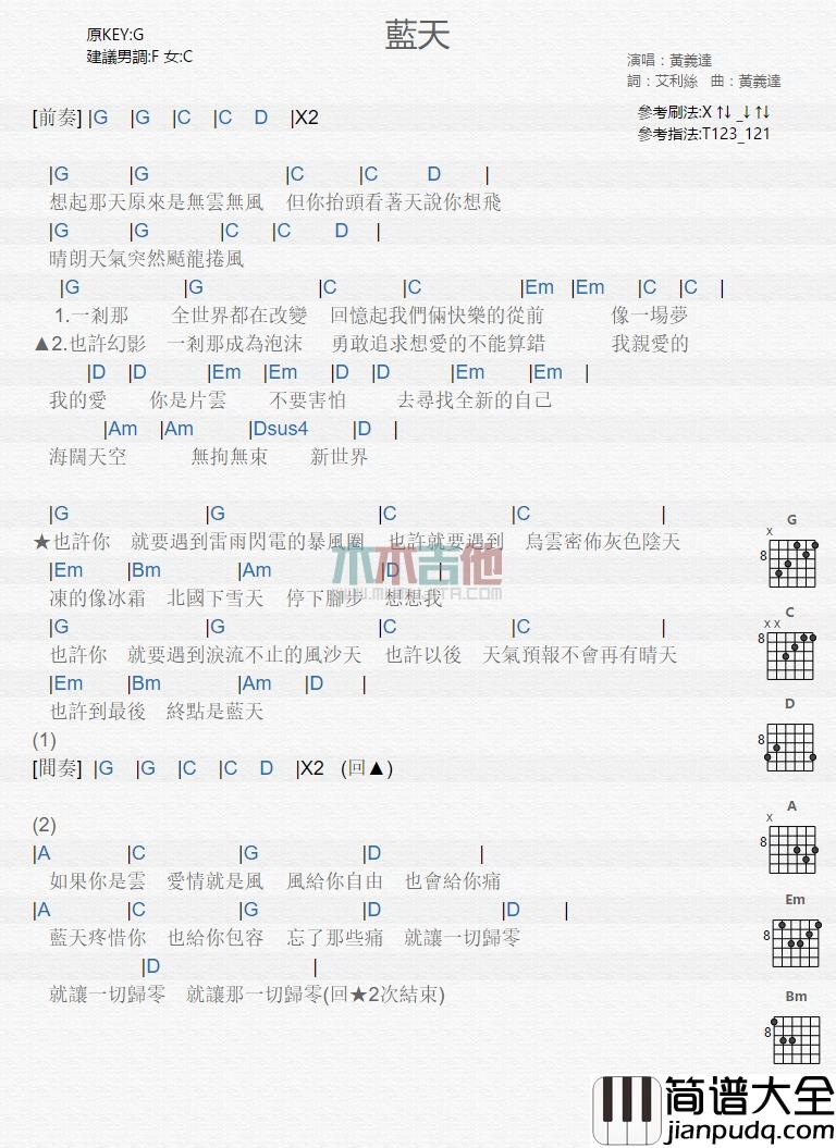 蓝天.png 黄义达_蓝天_吉他谱_Guitar_Music_Score
