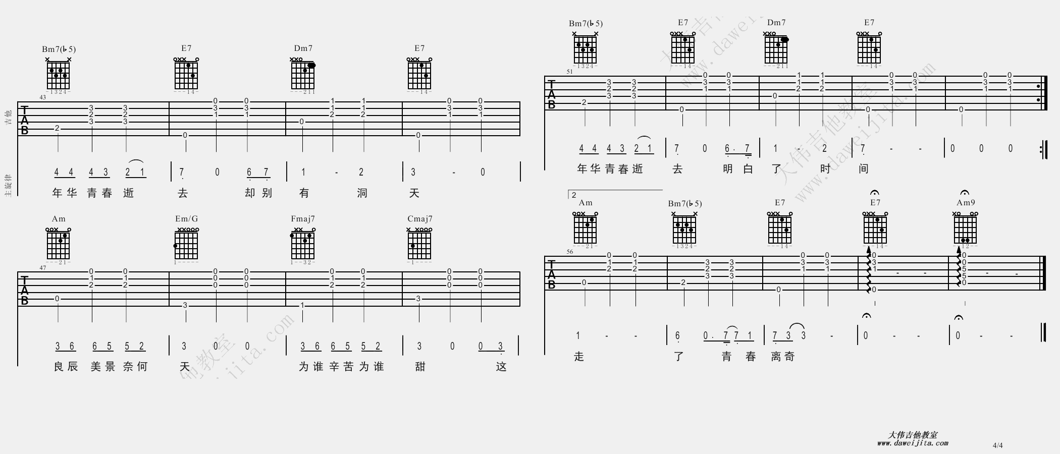 王菲_致青春_吉他谱(降E调)_Guitar_Music_Score