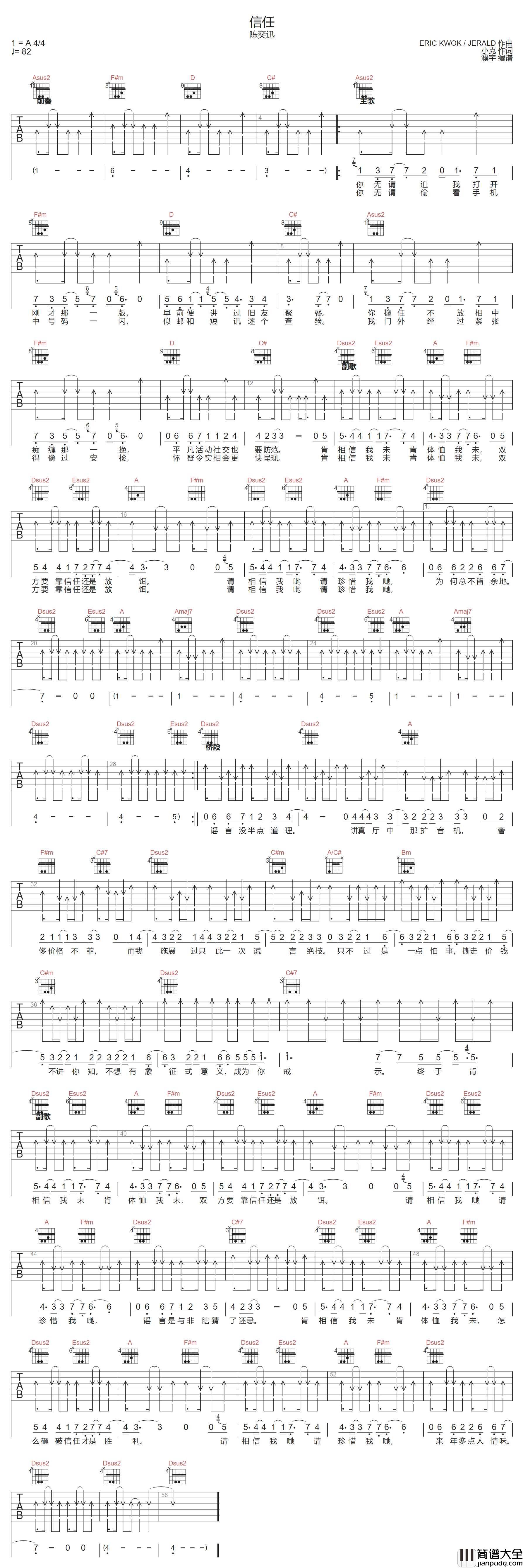 信任吉他谱_陈奕迅_A调指法扫弦版编配