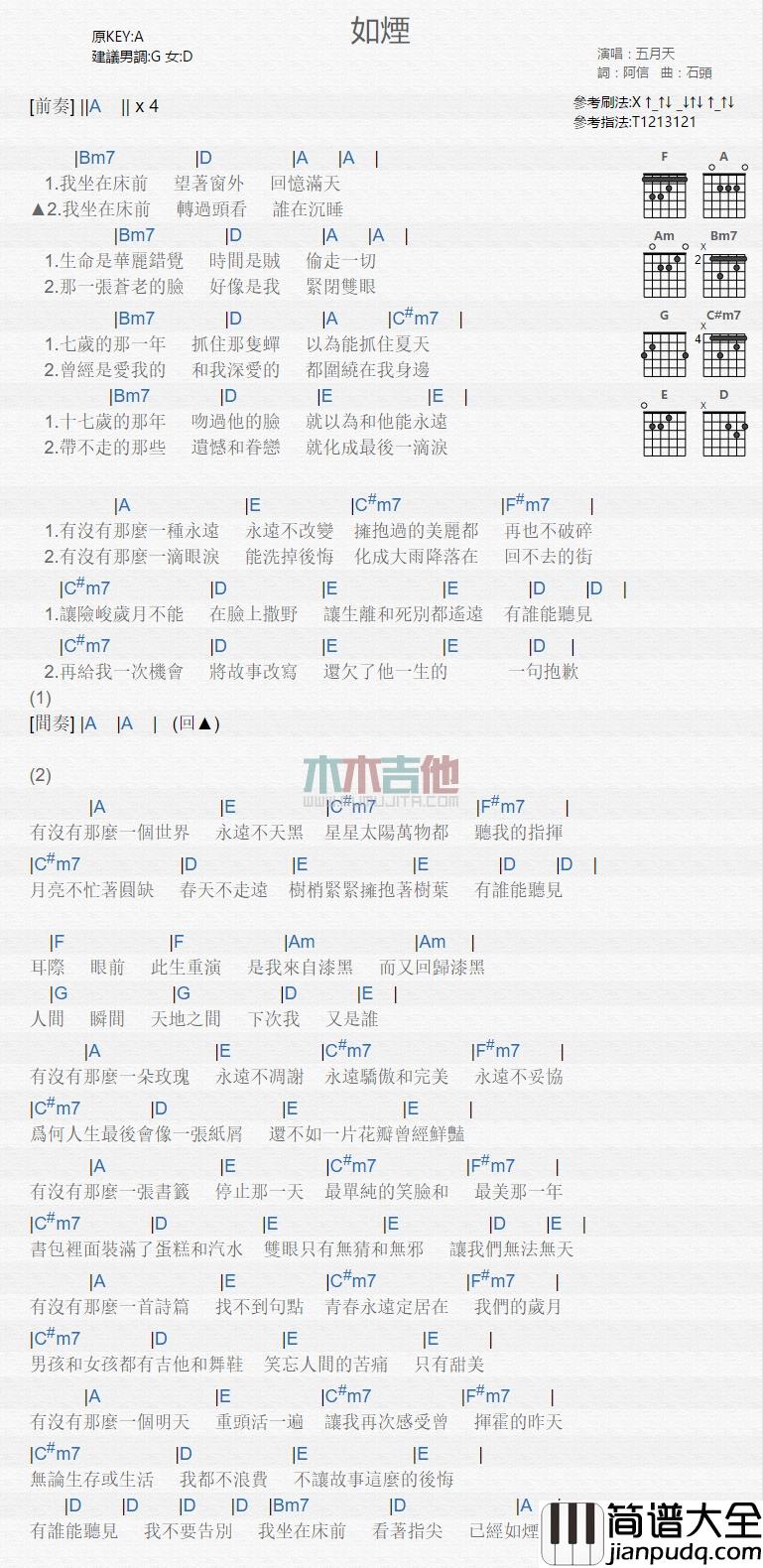 五月天_如烟_吉他谱_Guitar_Music_Score