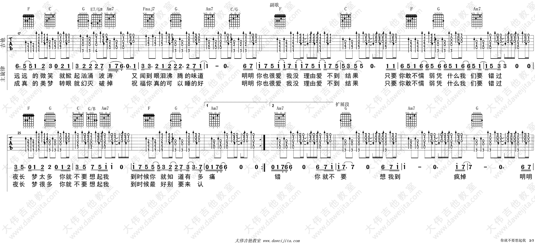 田馥甄_你就不要想起我_吉他谱(C调)_Guitar_Music_Score