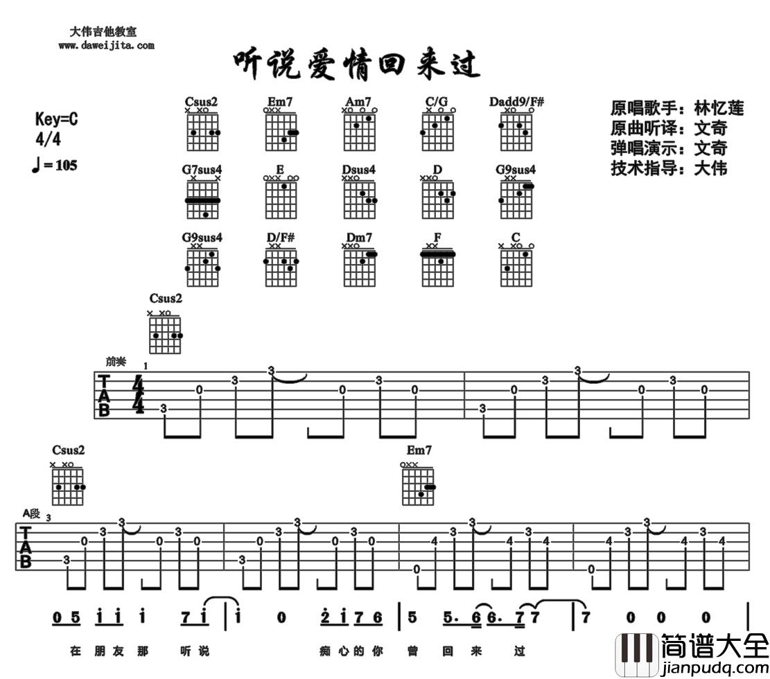 林忆莲_听说爱情回来过_吉他谱(C调)_Guitar_Music_Score
