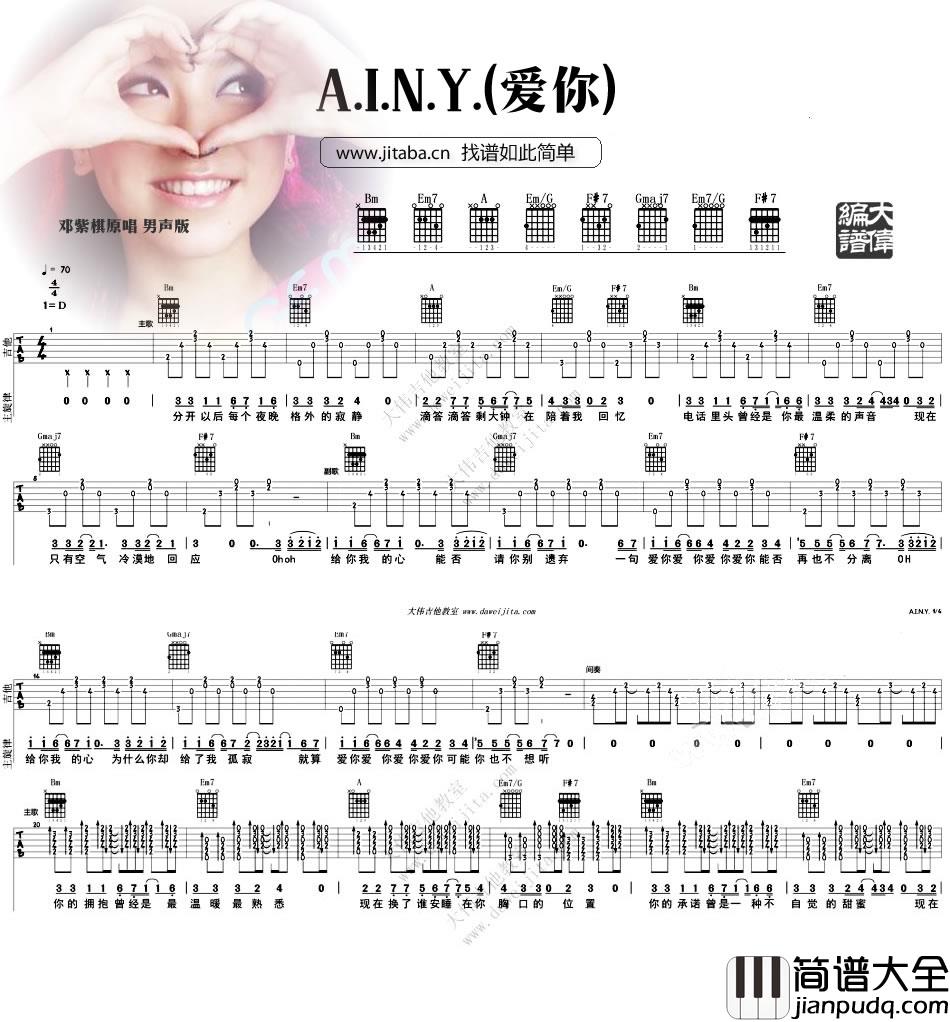 AINY爱你吉他谱_邓紫棋_A.I.N.Y六线谱(男声版)