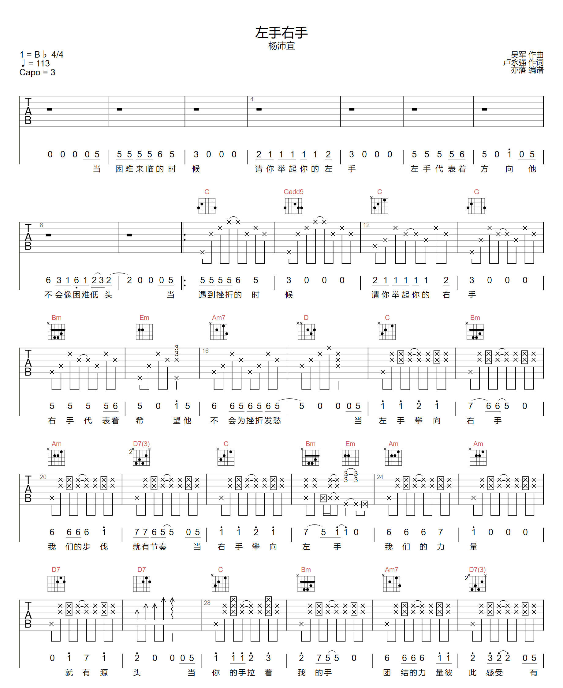 左手右手吉他谱_杨沛宜_G调原版编配