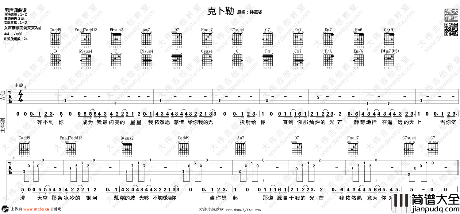 孙燕姿_克卜勒_吉他谱_C调六线谱_弹唱视频演示