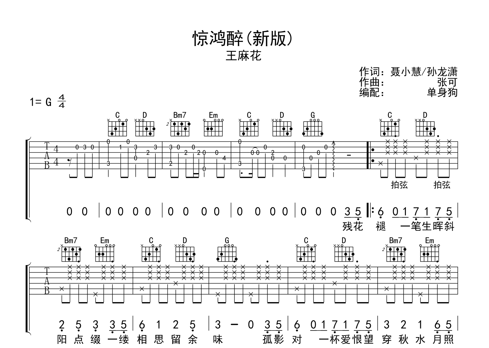 惊鸿醉（新版）吉他谱_王麻花_G调弹唱六线谱