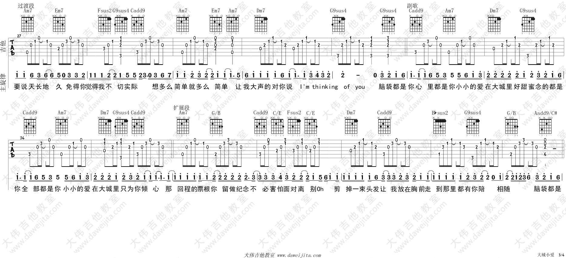 大城小爱吉他谱_王力宏_弹唱教学视频_C转D调