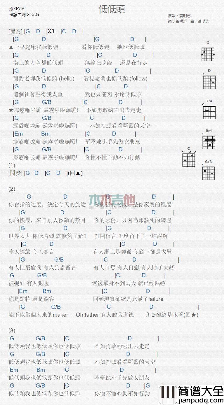 黄明志_低低头_吉他谱_Guitar_Music_Score