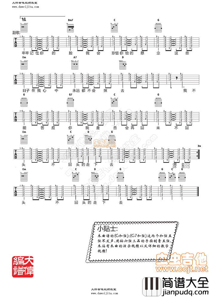 张震岳_再见_教学+吉他谱|吉他谱|图片谱|高清|张震岳