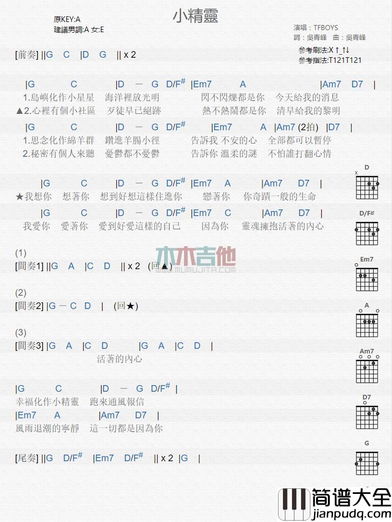 TFBOYS_小精灵_吉他谱_Guitar_Music_Score