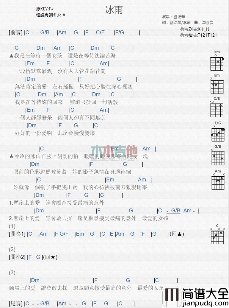 刘德华_冰雨_吉他谱_Guitar_Music_Score