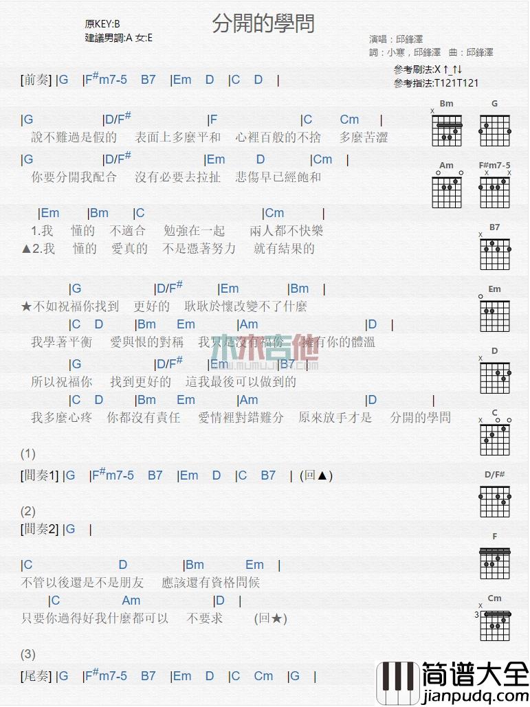 邱锋泽_分开的学问_吉他谱_Guitar_Music_Score