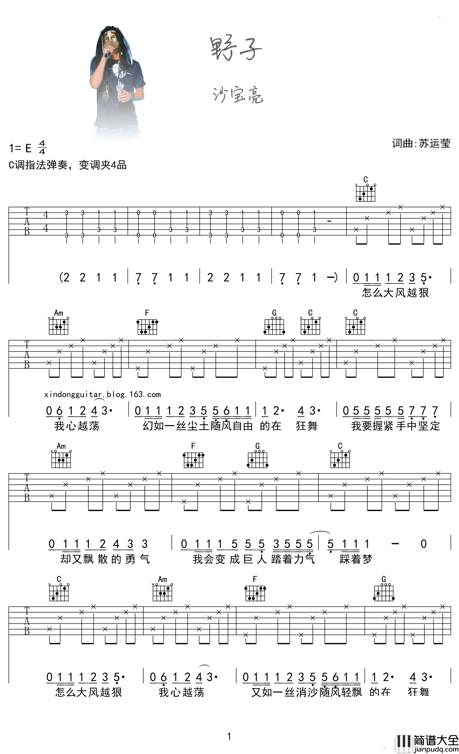 野子_野子六线谱高清版_沙宝亮_野子_男生版_吉他谱_群星_吉他图片谱_高清