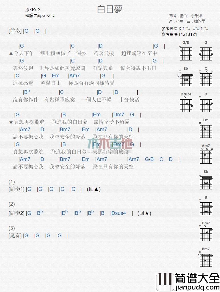 伍佰,李千娜_白日梦_吉他谱_Guitar_Music_Score
