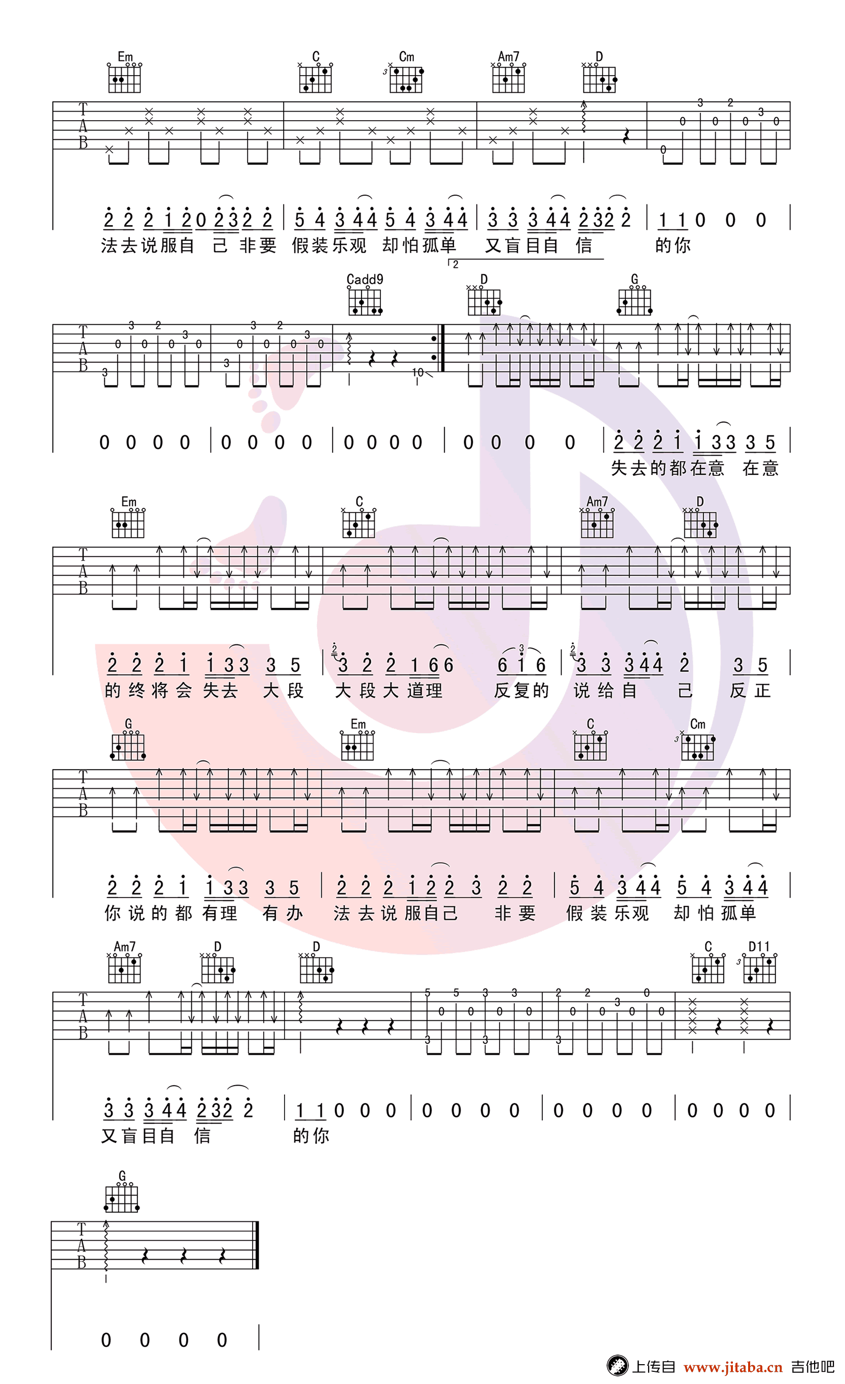 盲目自信_郁可唯_谈判官_主题曲_G调弹唱谱简单版_吉他谱_郁可唯_吉他图片谱_高清