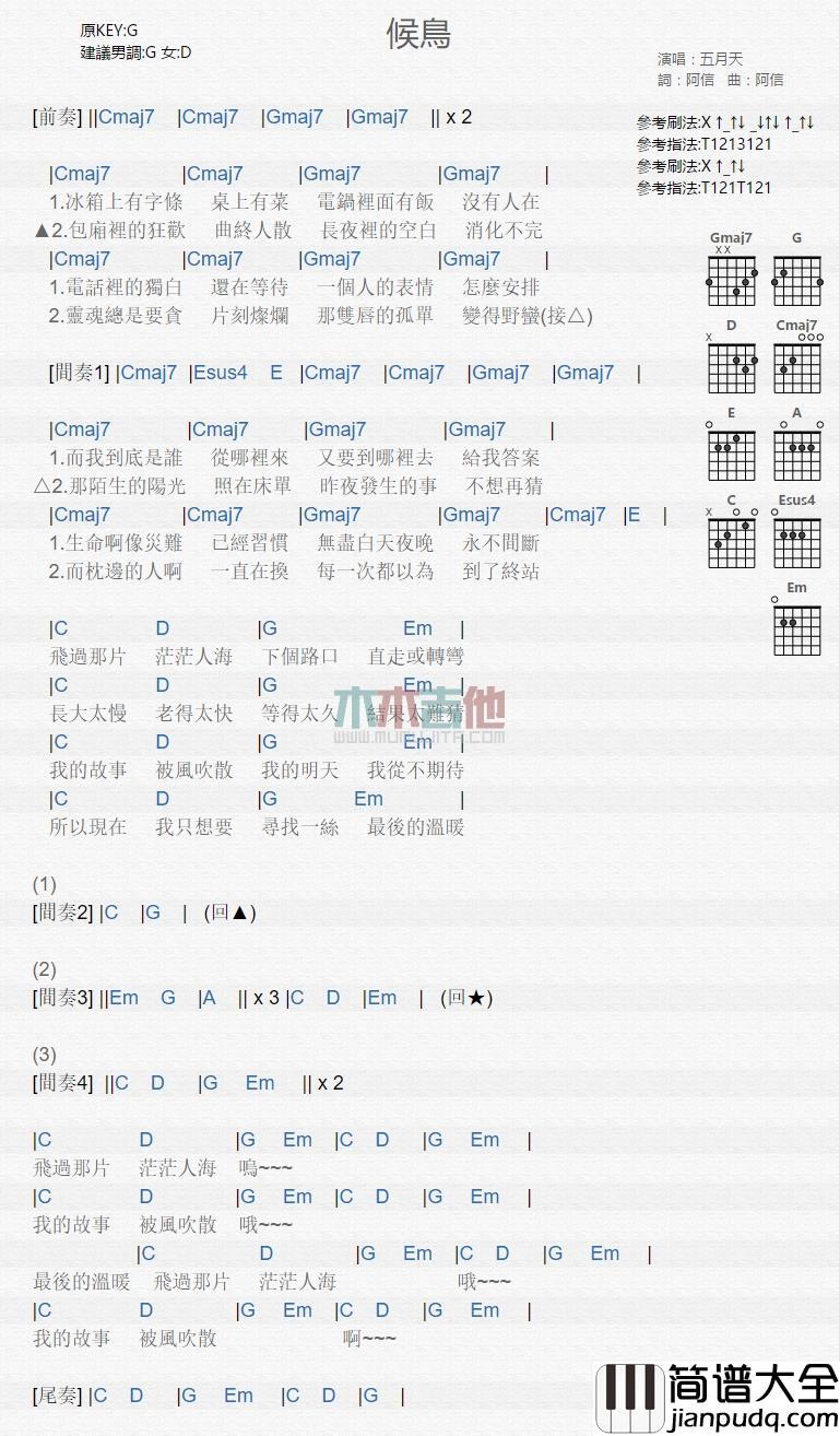 五月天_候鸟_吉他谱_Guitar_Music_Score