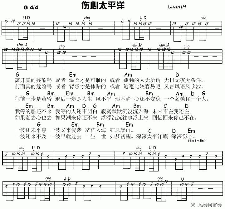 伤心太平洋|吉他谱|图片谱|高清|任贤齐