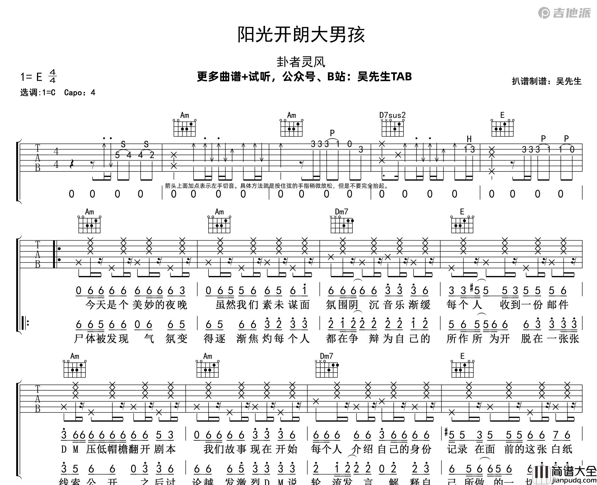 阳光开朗大男孩吉他谱_卦者灵风_C调吉他谱附演示音频