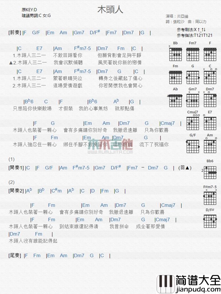 炎亚纶_木头人_吉他谱_Guitar_Music_Score