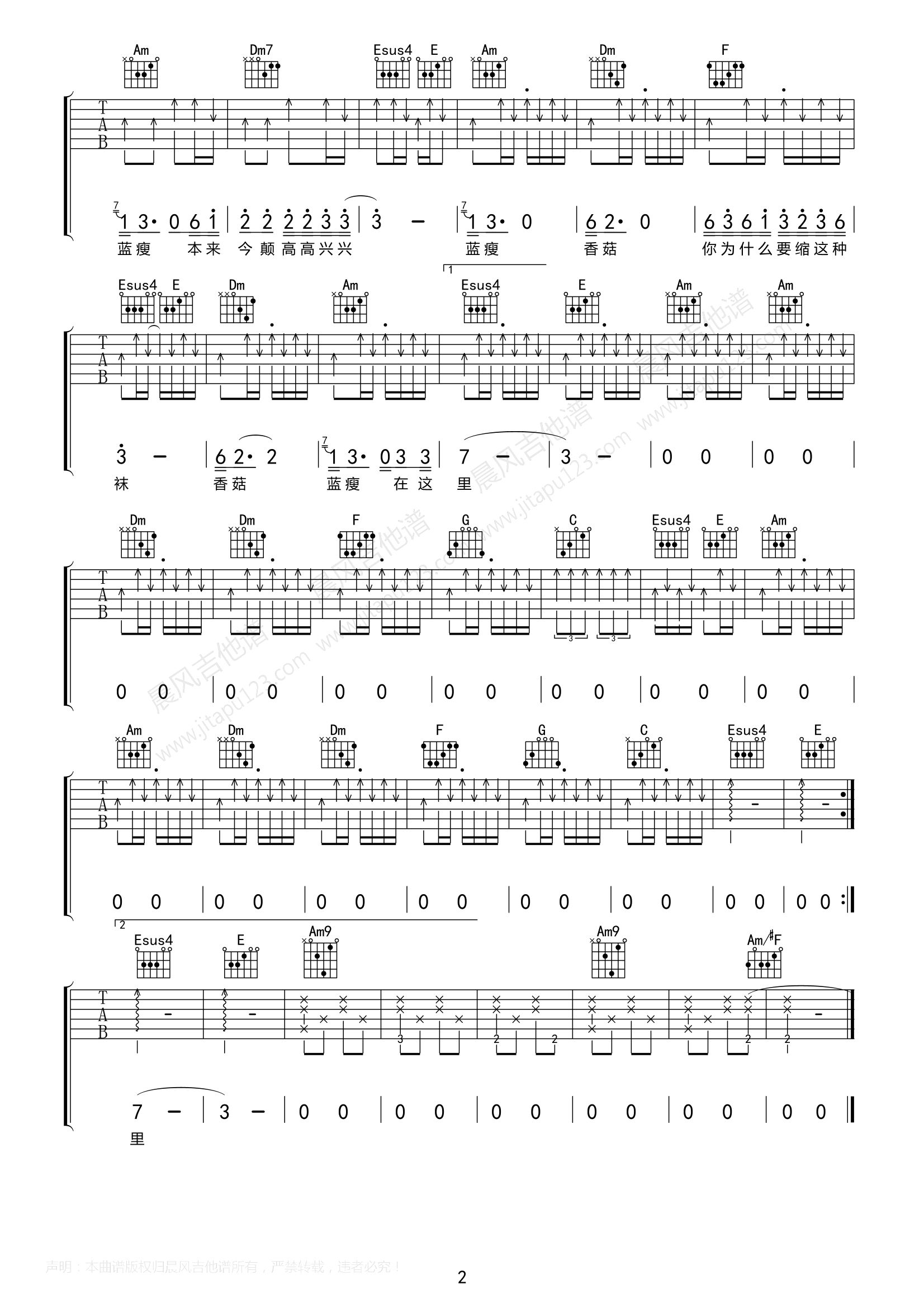 网络歌曲_蓝瘦香菇_吉他谱_Guitar_Music_Score