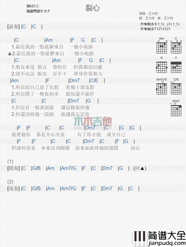 王力宏_裂心_吉他谱_Guitar_Music_Score