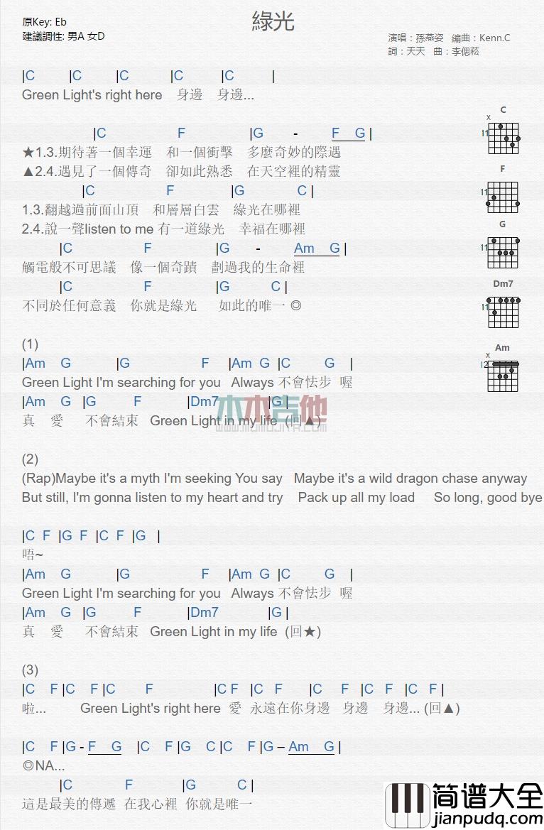 孙燕姿_绿光_吉他谱_Guitar_Music_Score