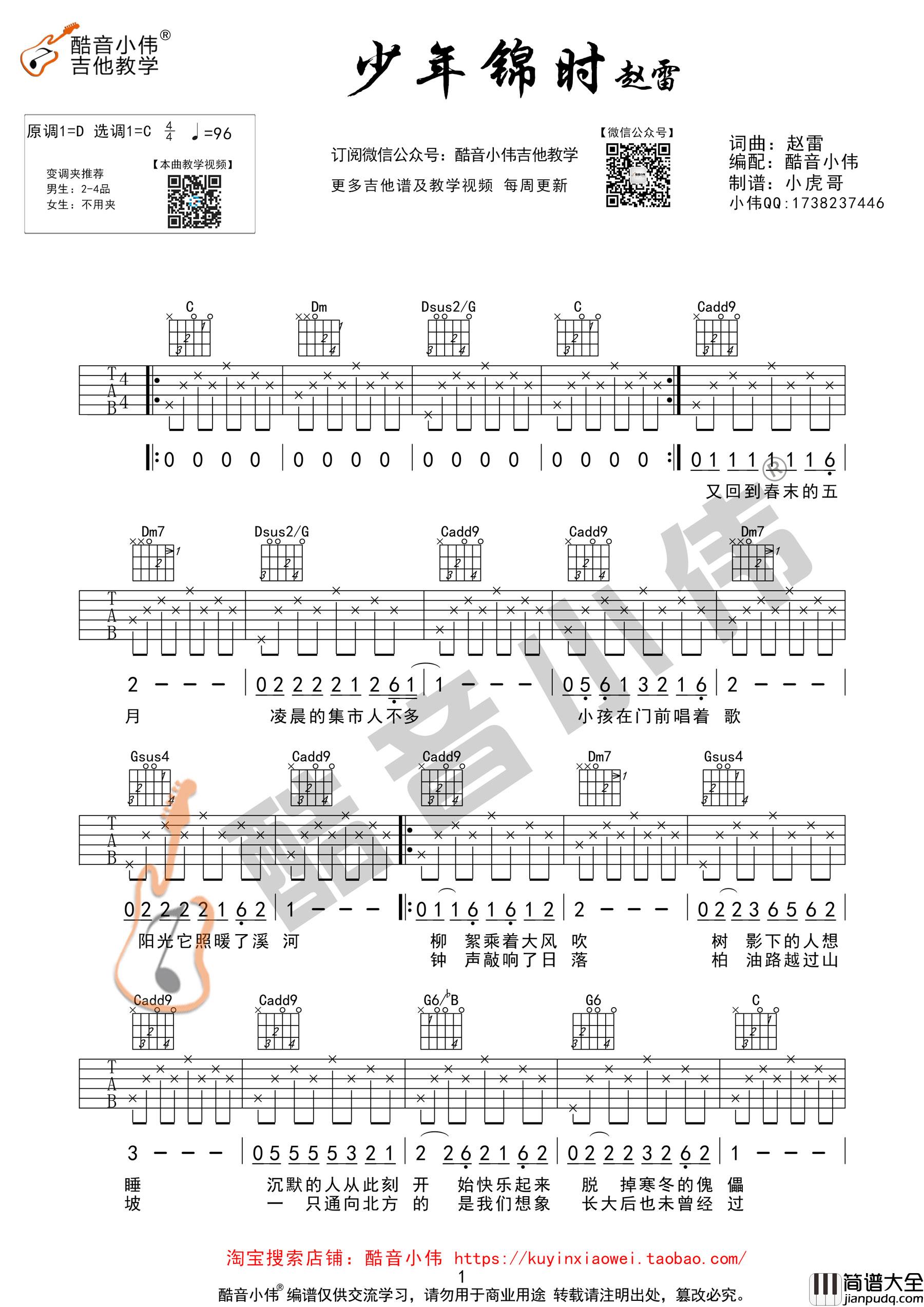 少年锦时吉他谱_赵雷_C调指法版吉他谱附教学视频