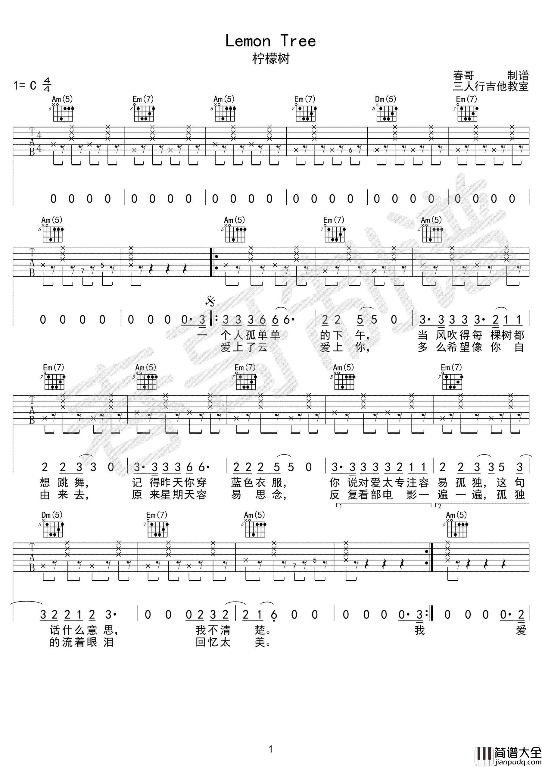 Lemon_Tree吉他谱_苏慧伦_C调指法编配