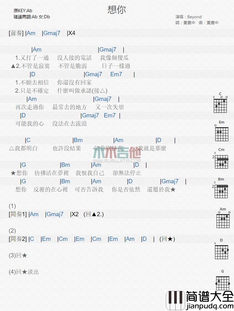 Beyond_想你_吉他谱_Guitar_Music_Score